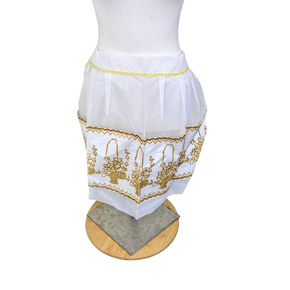 Vintage 50s 60s Half Apron Embroidered Panel Sheer White Organza Pockets Nylon